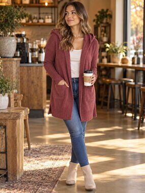 Barefoot Dreams CozyChic Lite Hooded Cardigan Dusty Rose XS